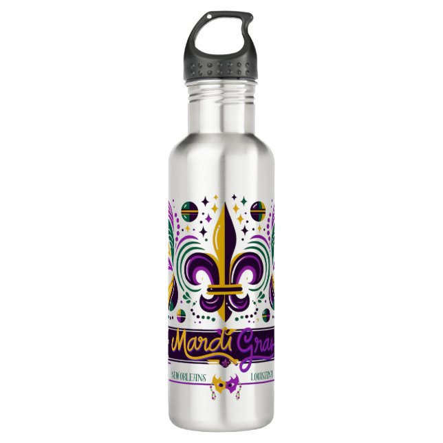 New Orleans Mardi Gras lila gelb grün Edelstahlflasche (Vorderseite)