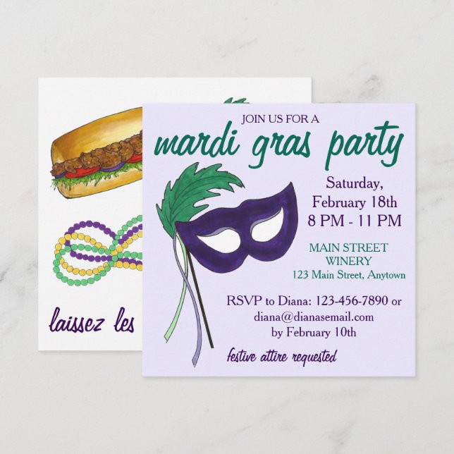 New Orleans Mardi Gras Masquerade Party Einladung (Vorne/Hinten)