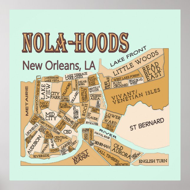 New Orleans Neighhoods Map, NOLA_HOODS Poster (Vorne)