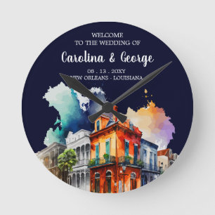 New Orleans Nola - Watercolor Wedding Willkommen Runde Wanduhr