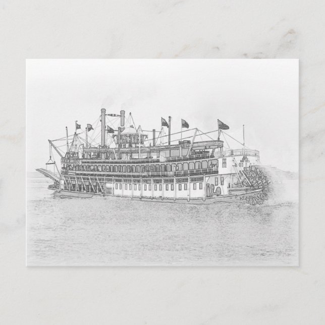 New Orleans Steamboat Black & White Sketch Postkarte (Vorderseite)