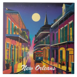 New Orleans Street & Streetcar by Night Fliese