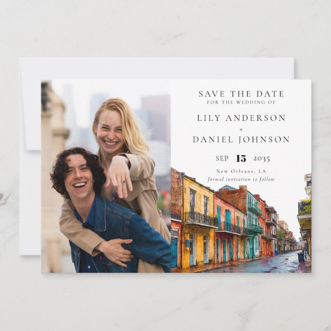 New Orleans Watercolor Photo Wedding Save The Date (Vorderseite)