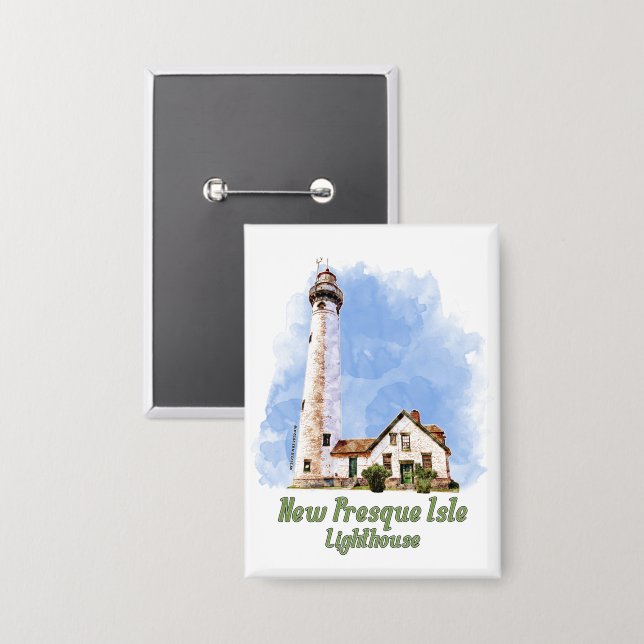 New Presque Isle Lighthouse Watercolor - Michigan Button (Vorderseite/Rückseite)
