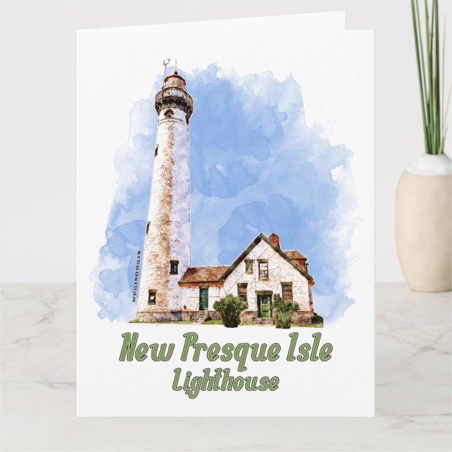 New Presque Isle Lighthouse Watercolor - Michigan Dankeskarte (Vorderseite)