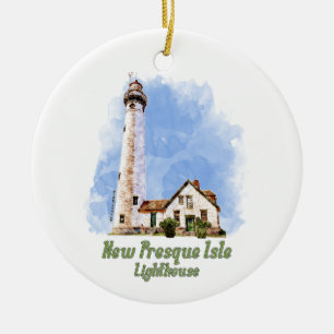 New Presque Isle Lighthouse Watercolor - Michigan Keramik Ornament