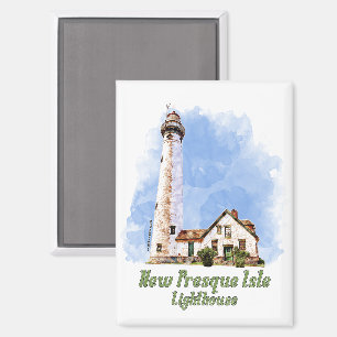 New Presque Isle Lighthouse Watercolor - Michigan Magnet