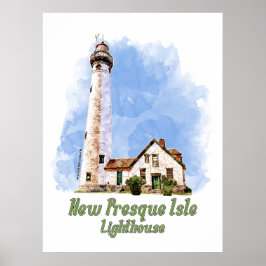 New Presque Isle Lighthouse Watercolor - Michigan Poster