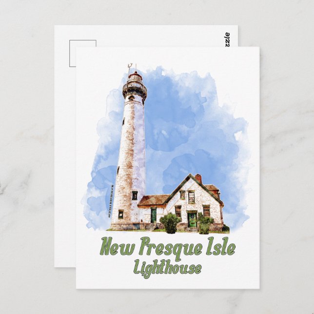 New Presque Isle Lighthouse Watercolor - Michigan Postkarte (Vorne/Hinten)