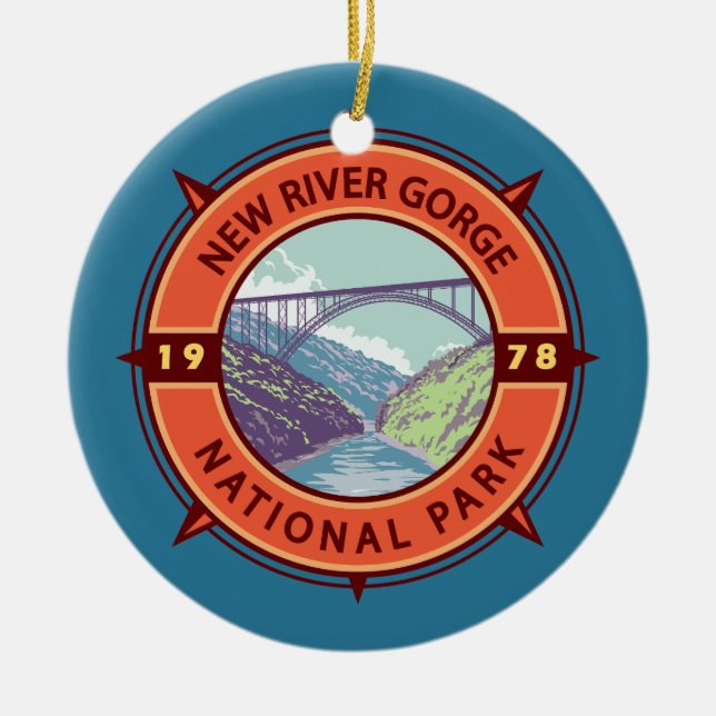 New River Gorge Nationalpark Retro Kompass Emblem Keramik Ornament (Vorne)