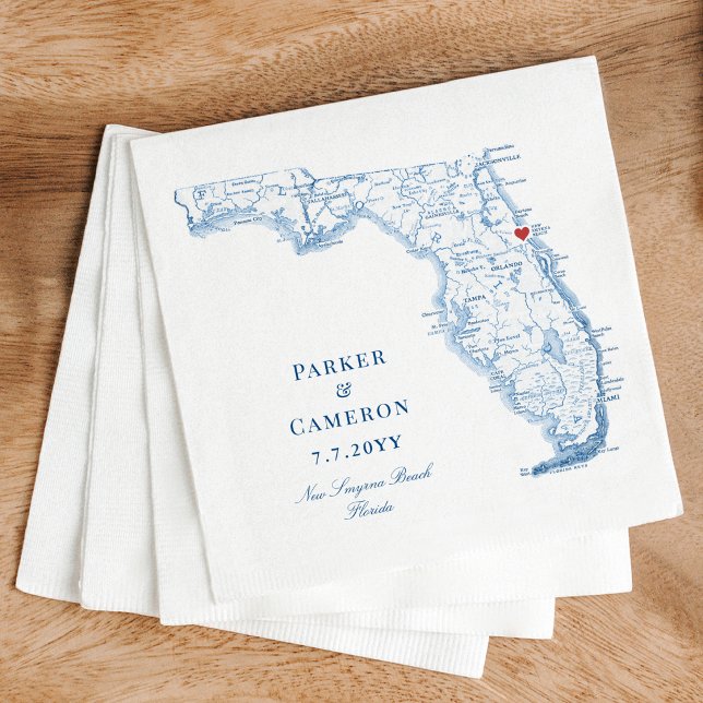 New Smyrna Beach Florida Karte Elegant Blaue Hochz Serviette (New Smyrna Beach FL Wedding Napkins in elegant blue by Coastal Map Designs)