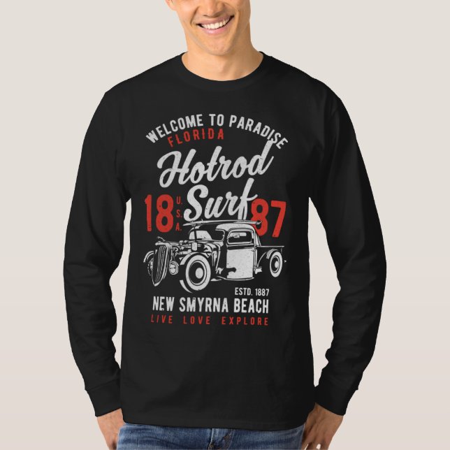 New Smyrna Beach Florida Retro Hotrod Surf Distres T-Shirt (Vorderseite)