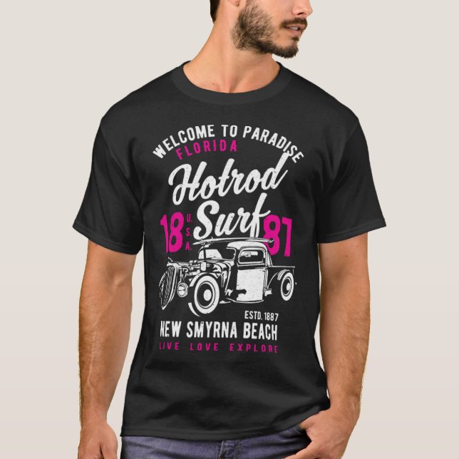 New Smyrna Beach Florida Retro Hotrod Surf Distres T-Shirt (Vorderseite)