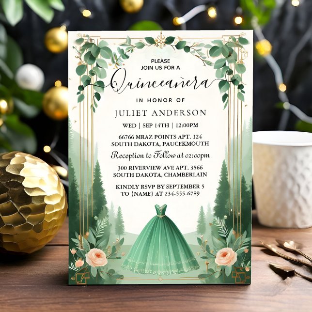New Trees Gold Mint Glam Emerald Green Quinceanera Einladung (Von Creator hochgeladen)