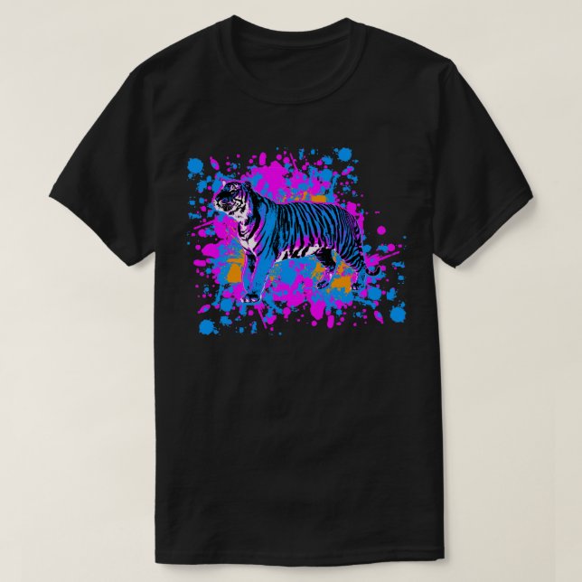 New Wave 80er Retro Blauer Tiger-Farbspritzer T-Shirt (Design vorne)