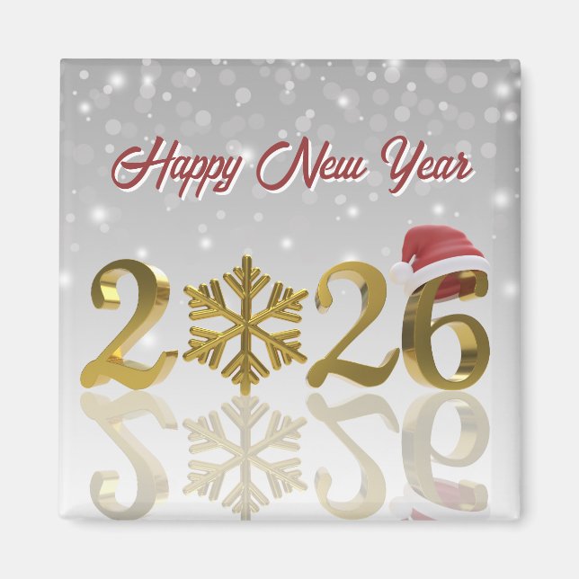 New Year 2026 Golden with Snowflake and Santa Hat Magnet (Vorne)