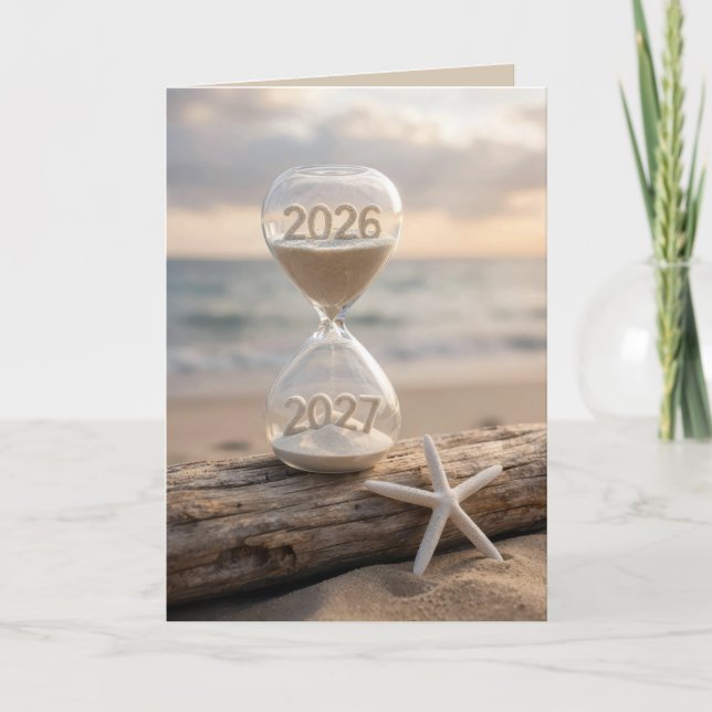 New Year 2027 Beach Hourglass Karte (Vorderseite)