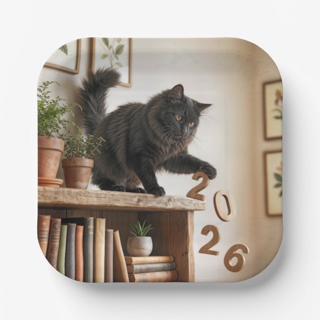 New Year 2027 Playful Cat Pappteller (Vorderseite)
