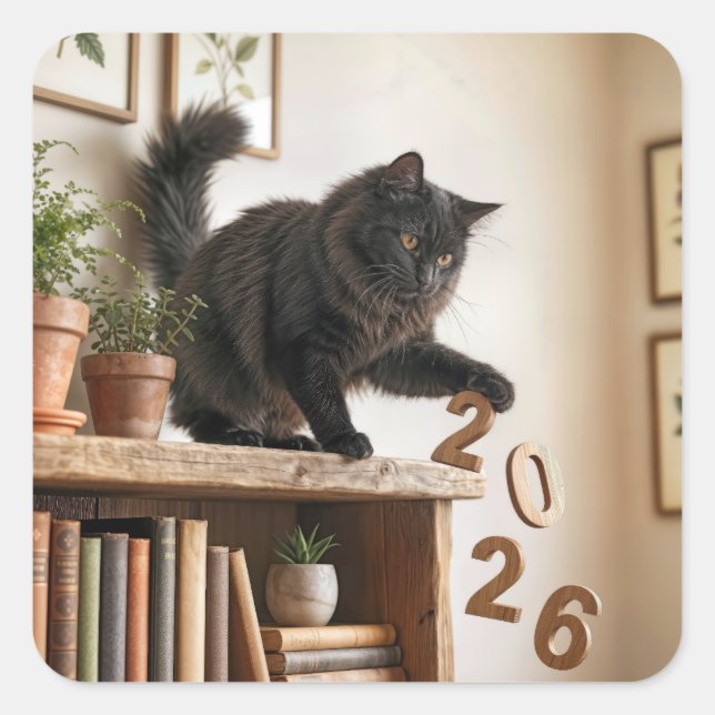 New Year 2027 Playful Cat Quadratischer Aufkleber (Vorderseite)