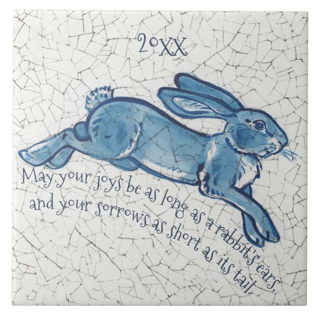 New Year Blue White Bunny Rabbit Delft Dedham Datu Fliese (Vorderseite)