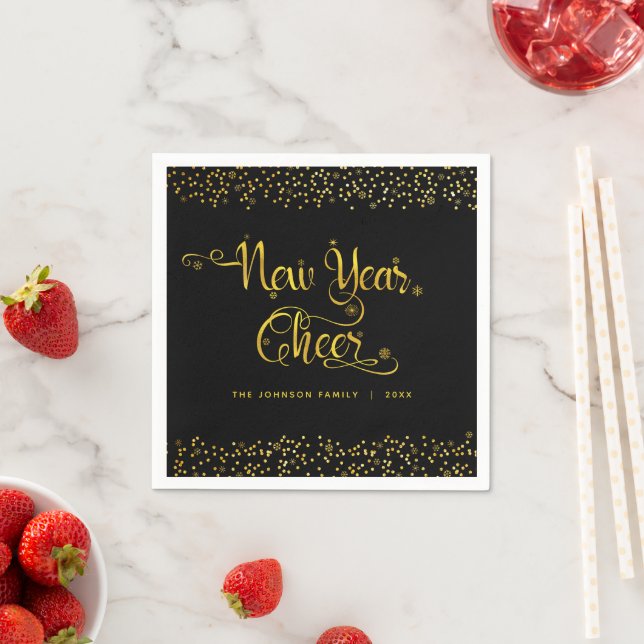 New Year Chee Black Gold Glitzer Snowflakes Name Serviette (Beispiel)