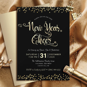 New Year Chee Black Gold Script Confetti Party Einladung