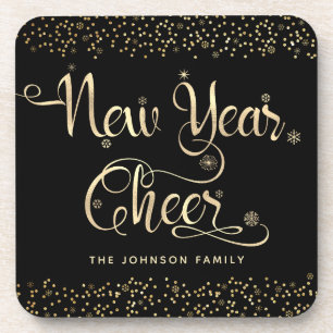 New Year Chee Black Gold Script Snowflake Glitzer Getränkeuntersetzer