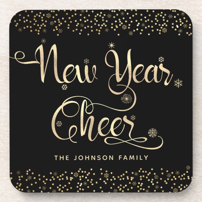 New Year Chee Black Gold Script Snowflake Glitzer Getränkeuntersetzer (Vorderseite)