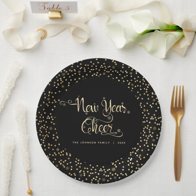 New Year Chee Black Gold Script Snowflake Glitzer Pappteller (Hochzeit)
