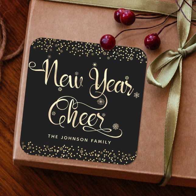 New Year Chee Black Gold Script Snowflake Glitzer Quadratischer Aufkleber (Von Creator hochgeladen)