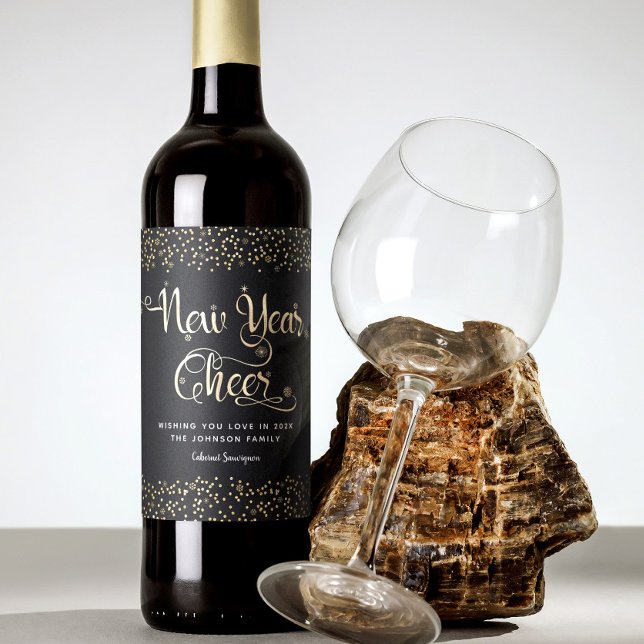 New Year Chee Black Gold Script Snowflake Glitzer Weinetikett (Von Creator hochgeladen)