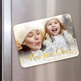 "New Year Chee" Gold Snowflakes Typografy Foto Magnet