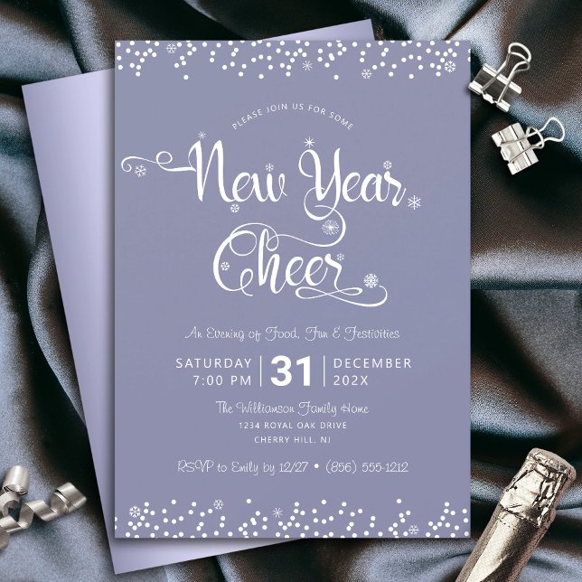 New Year Cheer Script Confetti Lila Gray Party Einladung (Von Creator hochgeladen)