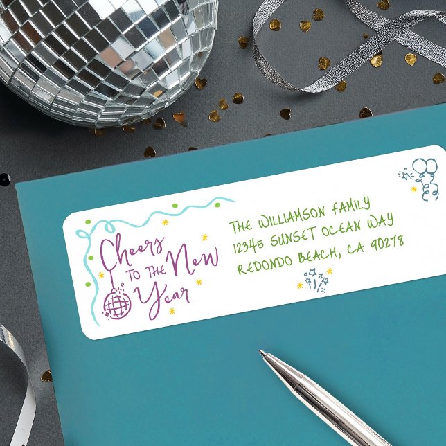 New Year Cheer Teal Purple Green Doodles Address (Von Creator hochgeladen)