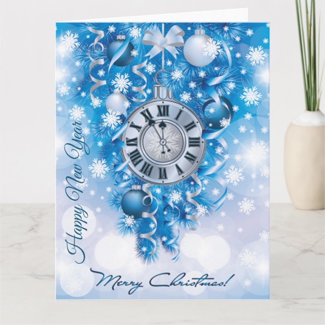 New Year Clock Blue n White Frohe Weihnachten Karte (Vorderseite)