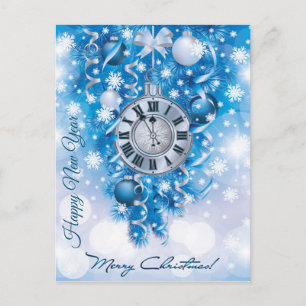 New Year Clock Blue n White Frohe Weihnachten Postkarte