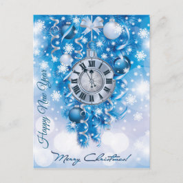 New Year Clock Blue n White Frohe Weihnachten Postkarte