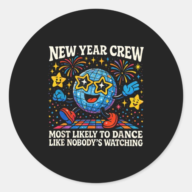 New Year Crew Most Likely To Dance Retro Party  Runder Aufkleber (Vorderseite)