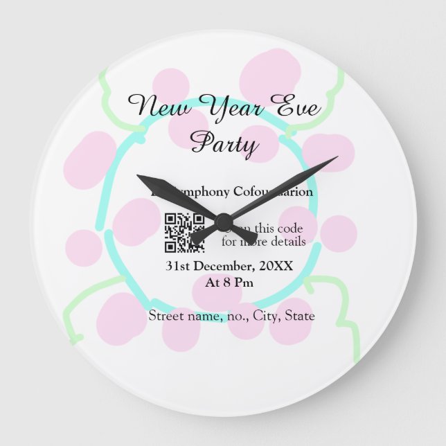 New year eve party scan QR RSVP name pink blue  Große Wanduhr (Vorderseite)