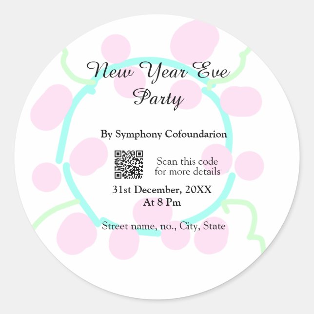 New year eve party scan QR RSVP name pink blue  Runder Aufkleber (Vorderseite)