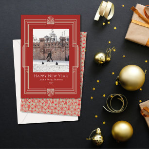 New Year Foto Art Deco Rotes Gold Feiertagskarte