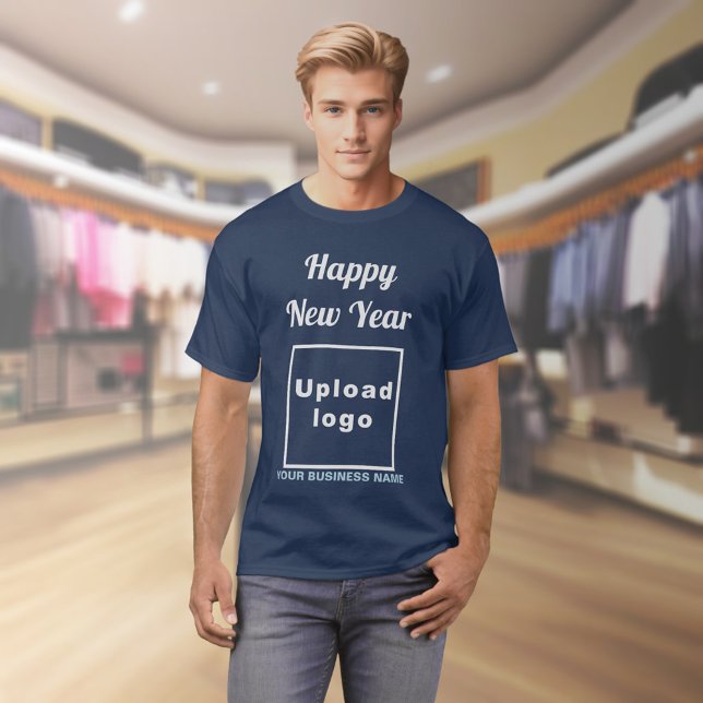 New Year Gruß auf Navy Blue T - Shirt (Business name and logo with New Year greeting on navy blue t-shirt)