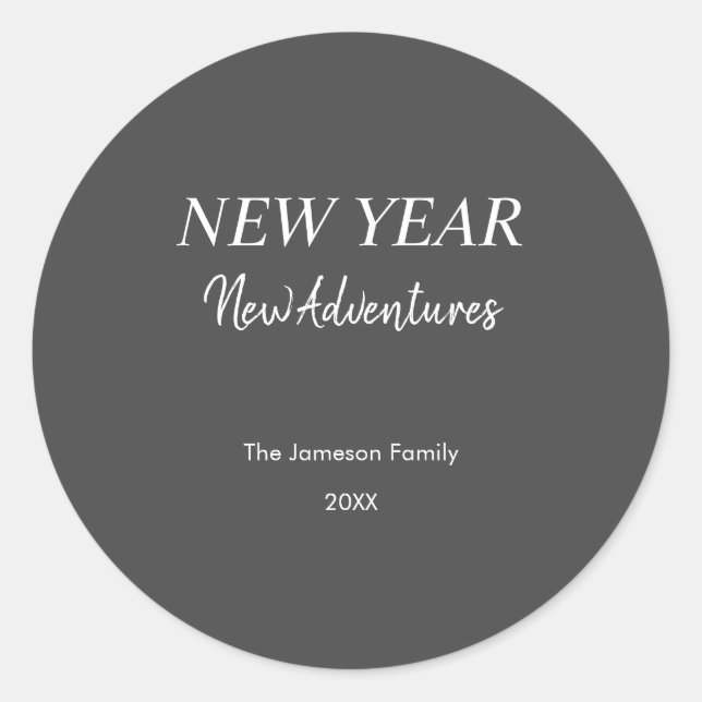 New Year New Adventures | Charcoal Gray Holiday Runder Aufkleber (Vorderseite)