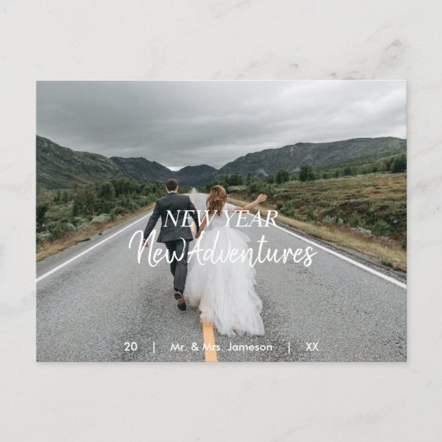 New Year New Adventures | Newlywed Photo Holiday Postkarte (Vorderseite)