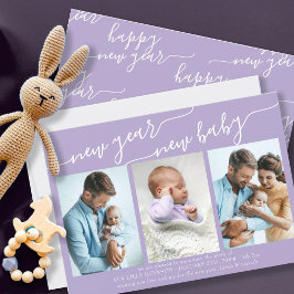 New Year New Baby Elegante Script 3 Foto Lilac Feiertagskarte