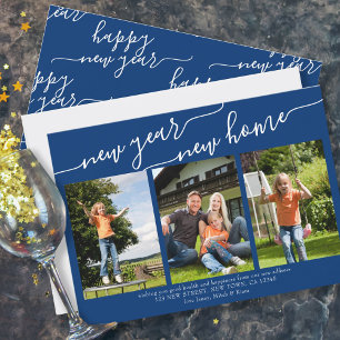 New Year New Zuhause Elegante Script 3 Foto Blau Feiertagskarte