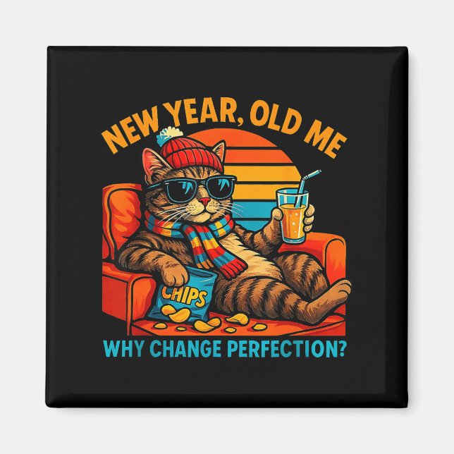 New Year Old Me Funny Cat Retro Lazy Meme Gift  Magnet (Vorne)