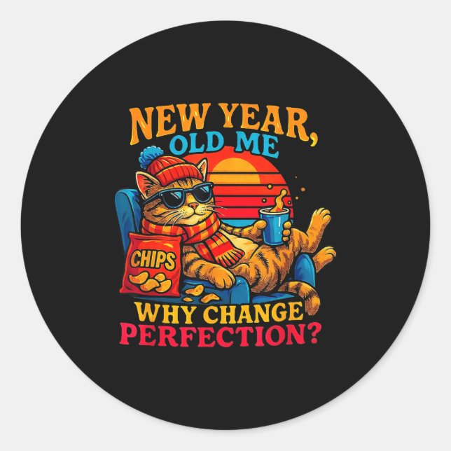 New Year Old Me Funny Cat Retro Lazy Meme Gift  Runder Aufkleber (Vorderseite)