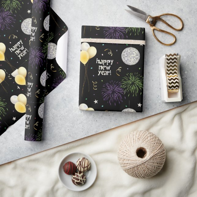 New Year Party Balloons Wrapping Paper Geschenkpapier (Kunsthandwerk)