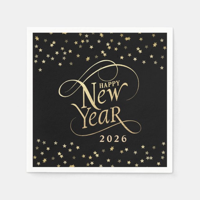 New Year Party Black Gold Star Confetti Serviette (Vorderseite)